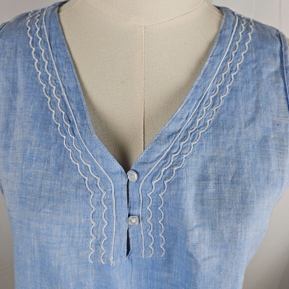 Hiho Blue Linen Sleeveless Tunic Top Small Scalloped V-Neck Coastal Resort - Picture 2 of 8